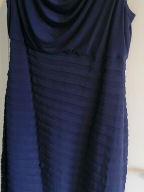 London Times Navy Blue Draped Midi Dress